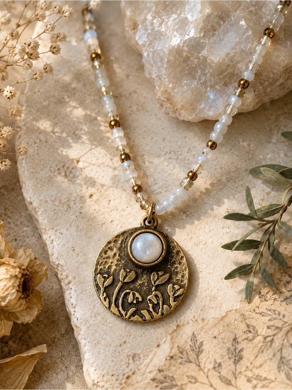 Antique Bronze Floral Medallion Necklace, Moon Stoned inspired Boho Necklace